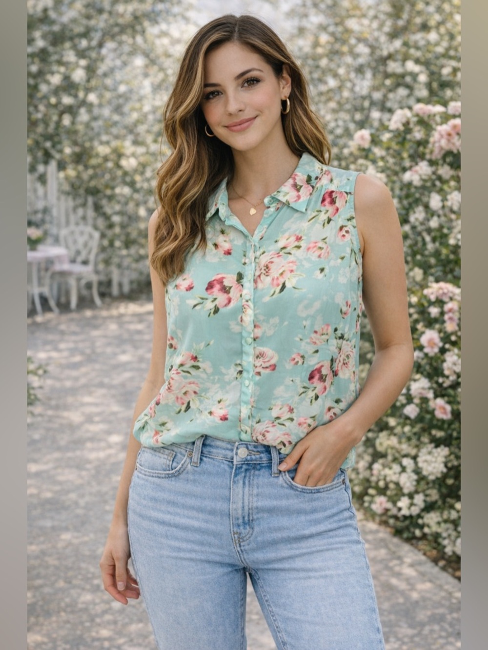 ❤️152 ELLE Tank Floral Blouse Small Sheer Mint Green Pink Collared Cottagecore